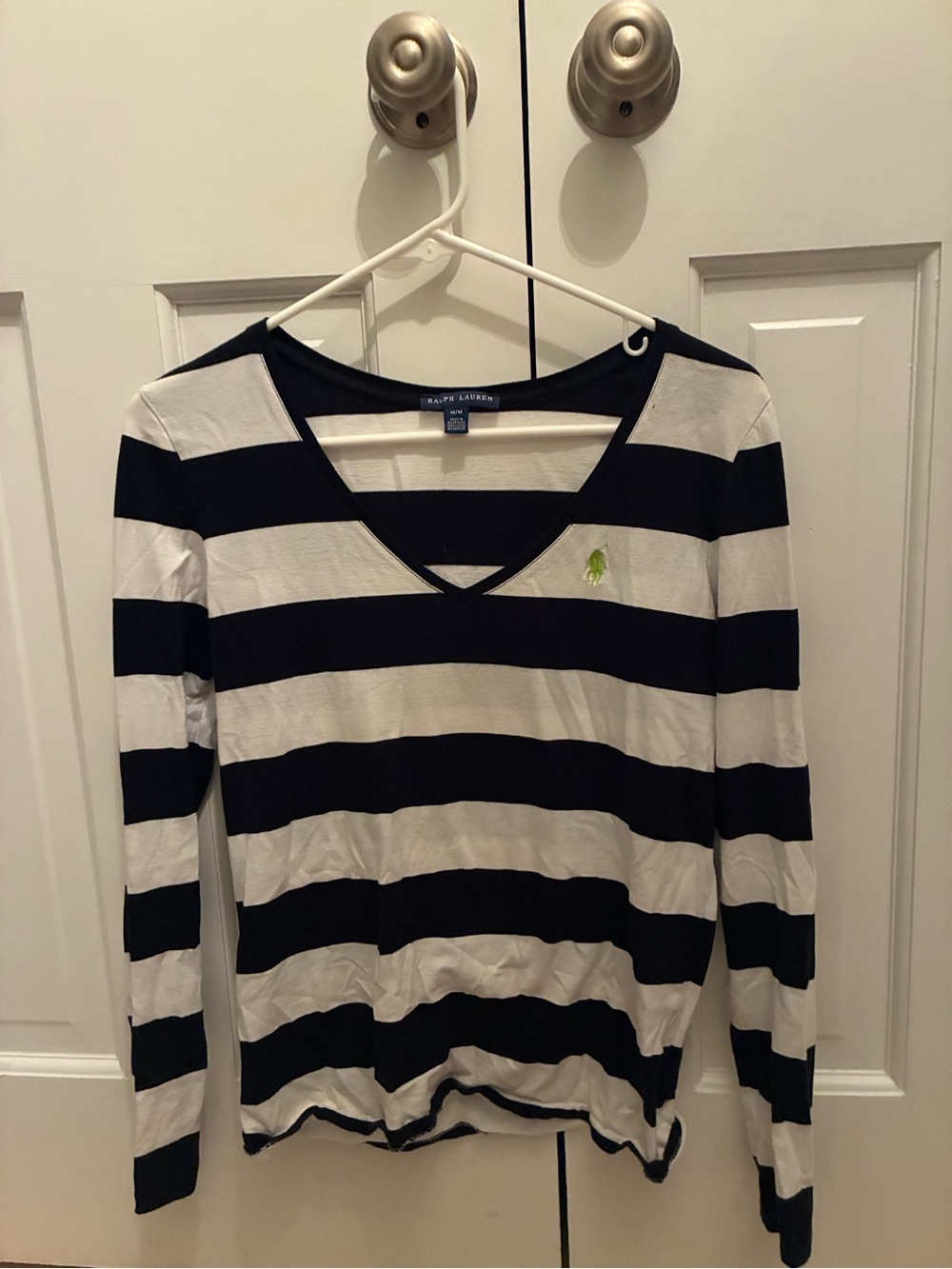 Ralph Lauren Navy and White Striped V-Neck Long Sleeve Top